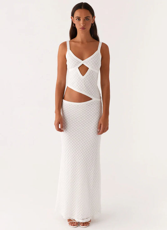Robe Maxi Tricotée avec Découpes – Blanc & Noir